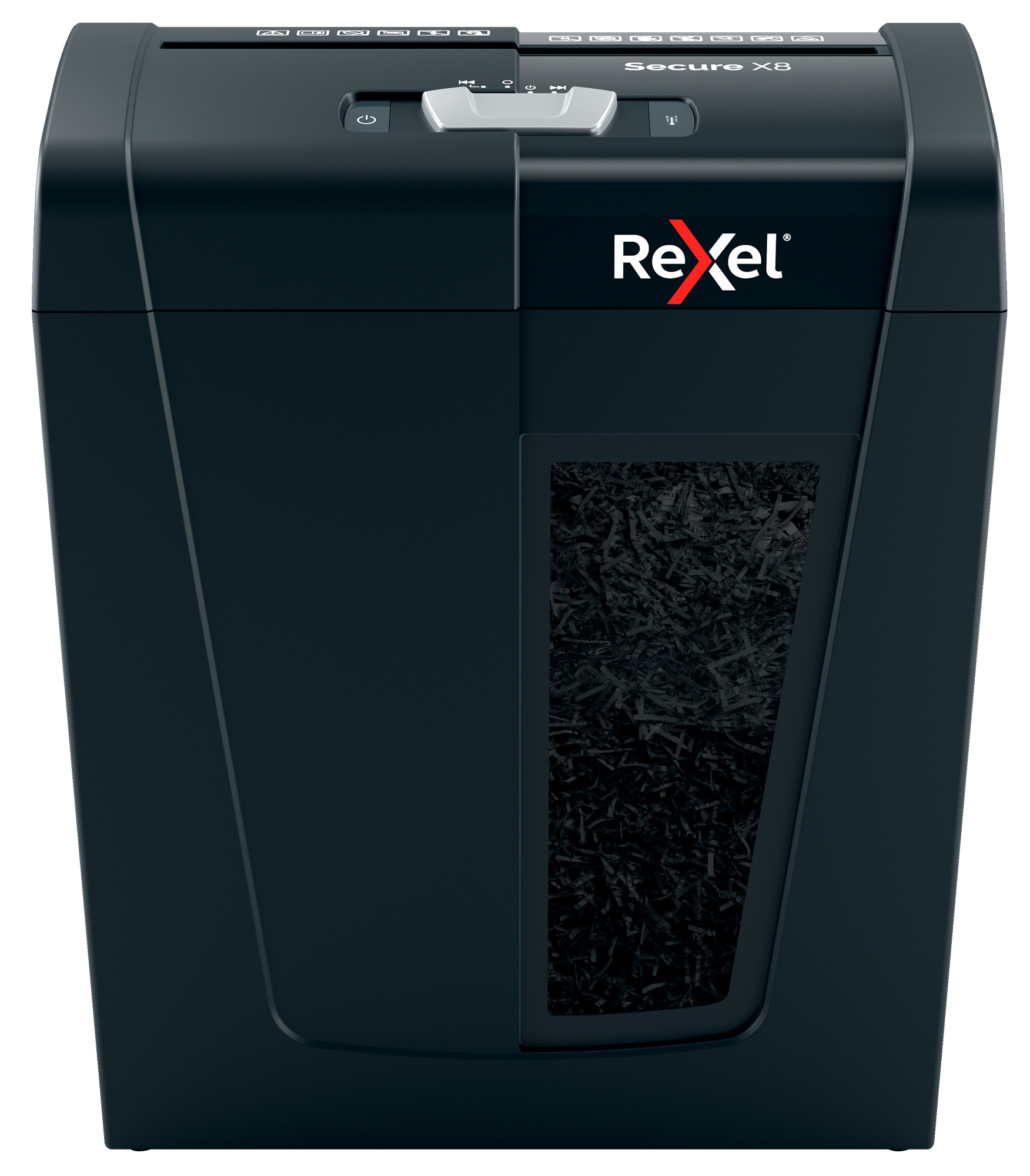 Картинка - Шредер Rexel SECURE X8 EU черный (секр.P-4)/фрагменты/8лист./14лтр./скрепки/скобы