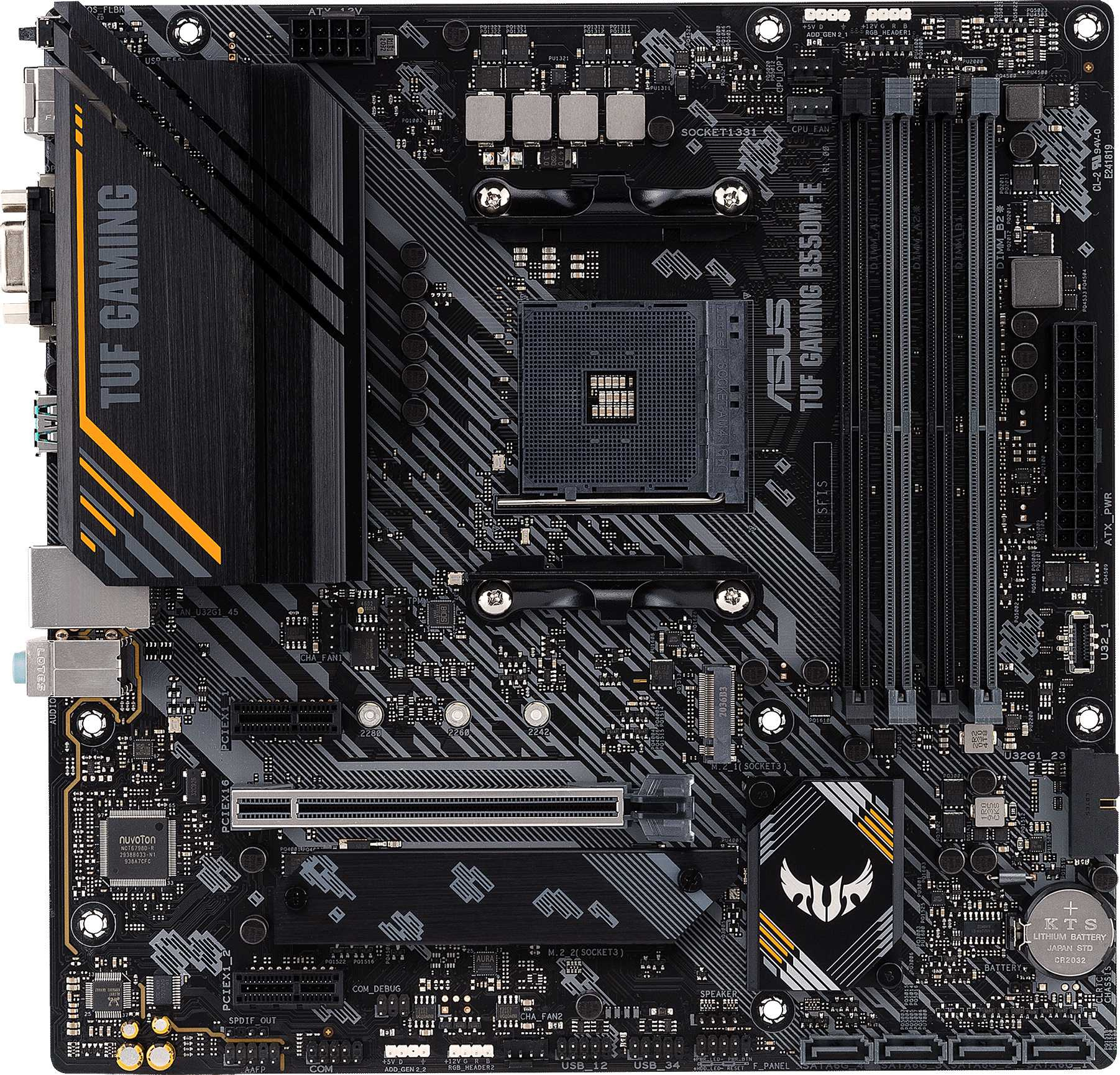 Картинка - Материнская плата Asus TUF GAMING B550M-E Soc-AM4 AMD B550 4xDDR4 mATX AC`97 8ch(7.1) GbLAN RAID+VGA+HDMI+DP TUF GAMING B550M-E