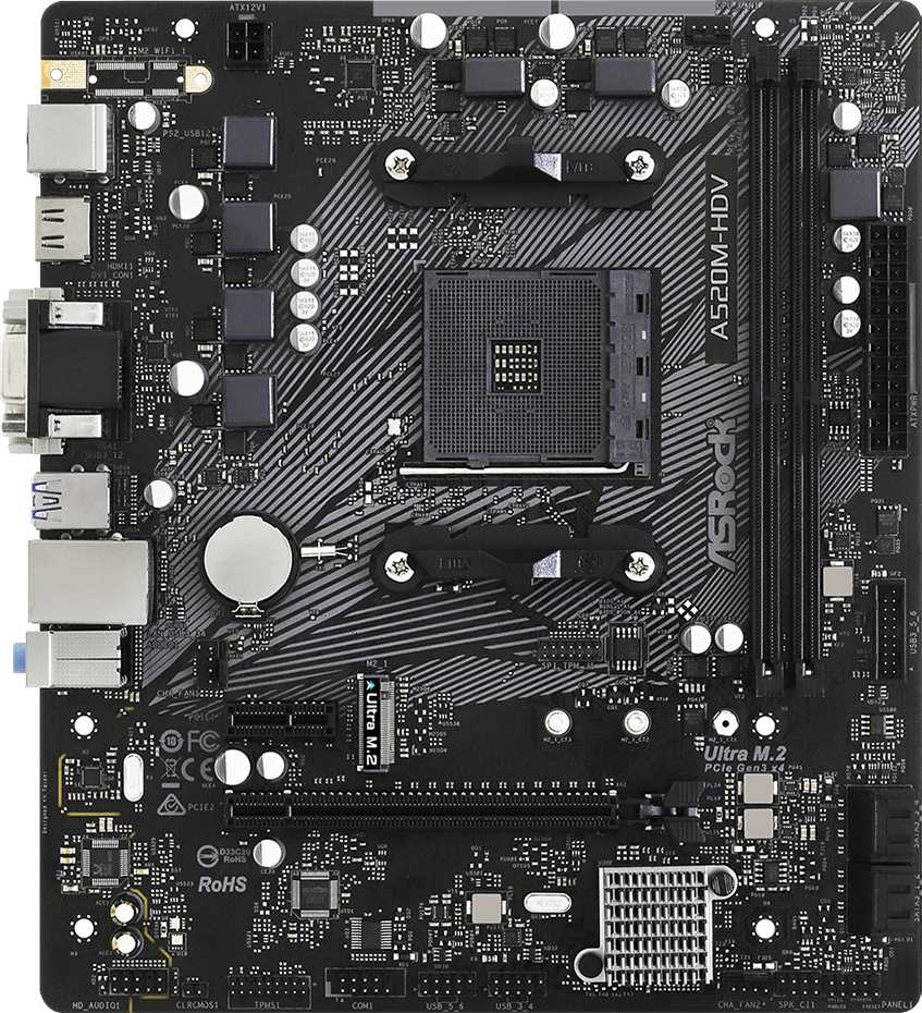 Картинка - Материнская плата Asrock A520M-HDV Soc-AM4 AMD A520 2xDDR4 mATX AC`97 8ch(7.1) GbLAN RAID+VGA+DVI+HDMI