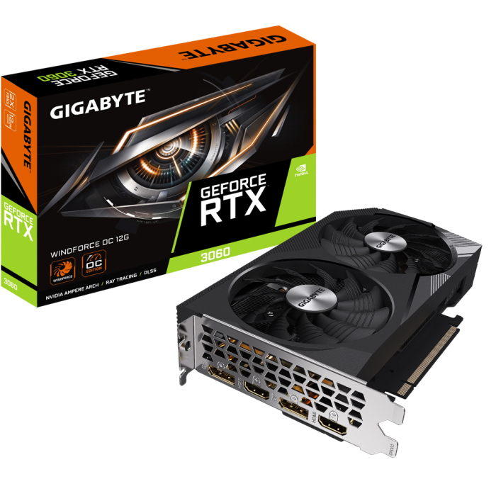 Картинка - Видеокарта Gigabyte PCI-E 4.0 GV-N3060WF2OC-12GD NVIDIA GeForce RTX 3060 12288Mb 192 GDDR6 1777/15000 HDMIx2 DPx2 HDCP Ret GV-N3060WF2OC-12GD