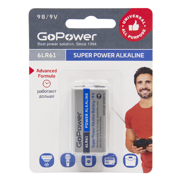 Батарейка GoPower Крона 6LR61 BL1 Alkaline 9V 110240 Батарейка GoPower Крона 6LR61 00-00017863 384₽