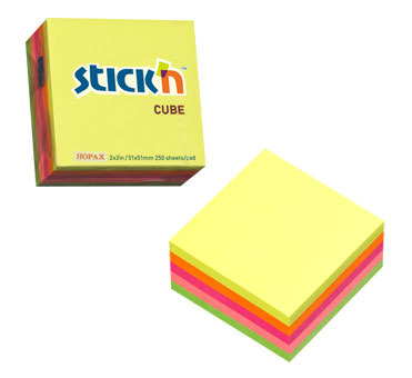 Блок самоклеящийся бумажный Stick`n 21203 51x51мм 250лист. 70г/м2 неон 5цв.в упак.