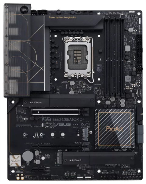 Картинка - Материнская плата ASUS PROART B660-CREATOR D4, LGA1700, B660, 4*DDR4, HDMI+DP (through Type C), CrossFireX, SATA3 + RAID, Audio, Gb LAN, USB 3.2*8, USB 2.0*6, COM*1 header (w/o cable), ATX ; 90MB19F0-M0EAY0 (PROART B660-CREATOR D4)