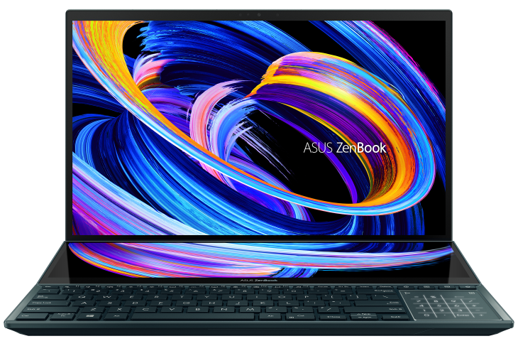 Картинка - Ноутбук ASUS Zenbook Pro Duo UX582HS-H2002X Core i9-11900H/32Gb DDR4/1Tb SSD/OLED Touch 15,6" 3840x2160/GeForce RTX 3080 8Gb/WiFi6/BT/Cam/Windows 11 Pro/Sleeve,Stylus,Plamrest,Stand/Blue (90NB0V21-M000D0)