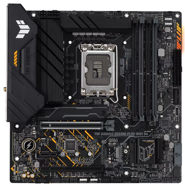 Картинка - Материнская плата ASUS TUF GAMING B660M-PLUS WIFI D4, LGA1700, B660, 4*DDR4, DP+HDMI, CrossFireX, SATA3 + RAID, Audio, Gb LAN, USB 3.2*6, USB 2.0*6, COM*1 header (w/o cable), mATX ; 90MB1930-M0EAY0 (TUF GAMING B660M-PLUS WIFI D4) TUF GAMING B660M-PLUS WIFI D4