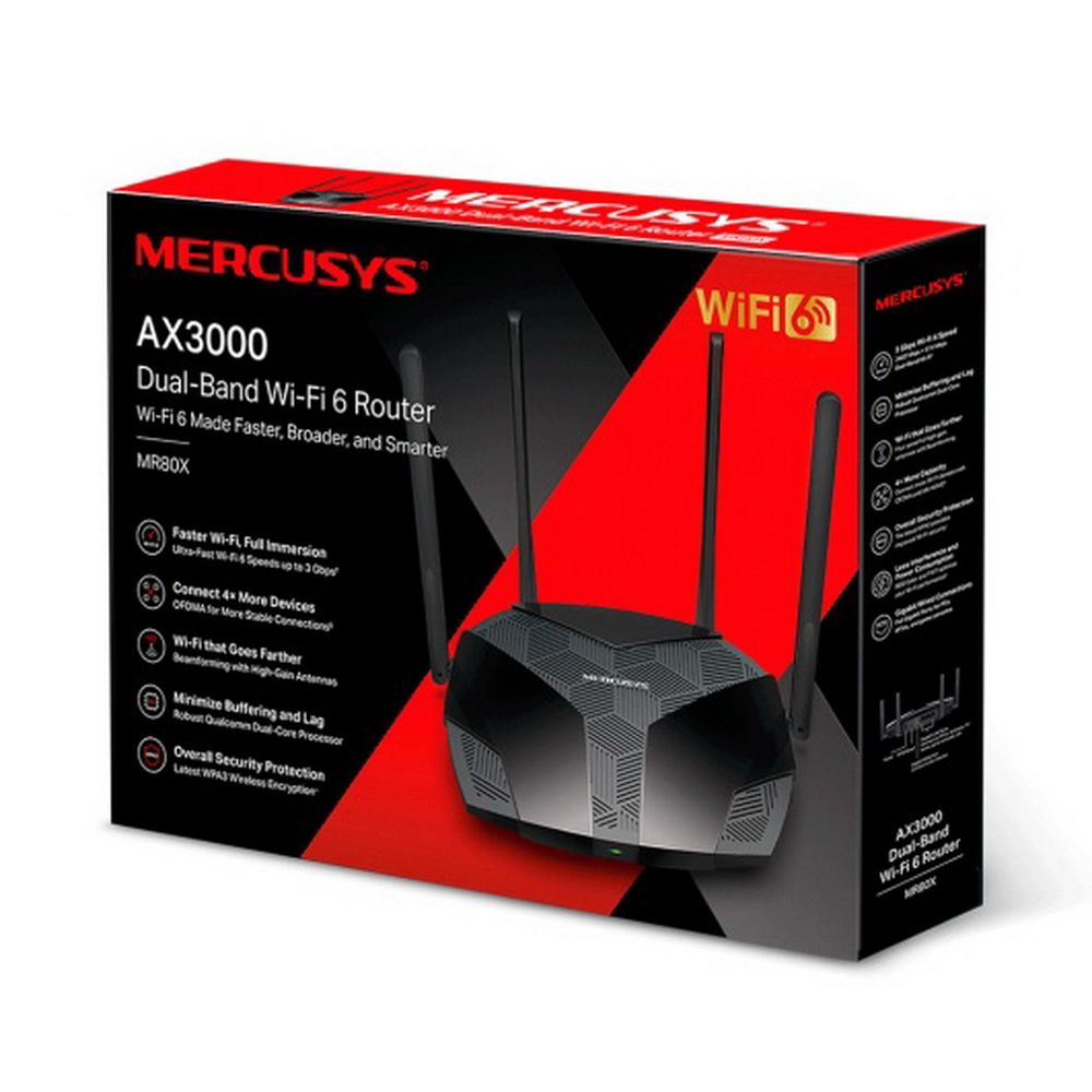 Купить MERCUSYS AX3000 Двухдиапазонный Wi-Fi 6 роутер, до 574 Мбит/с на 2,4  ГГц + до 2402 Мбит/с на 5 ГГц, 4 фиксированные внешние антенны, 3  гигабитных порта LAN, 1 гигабитный порт WAN (