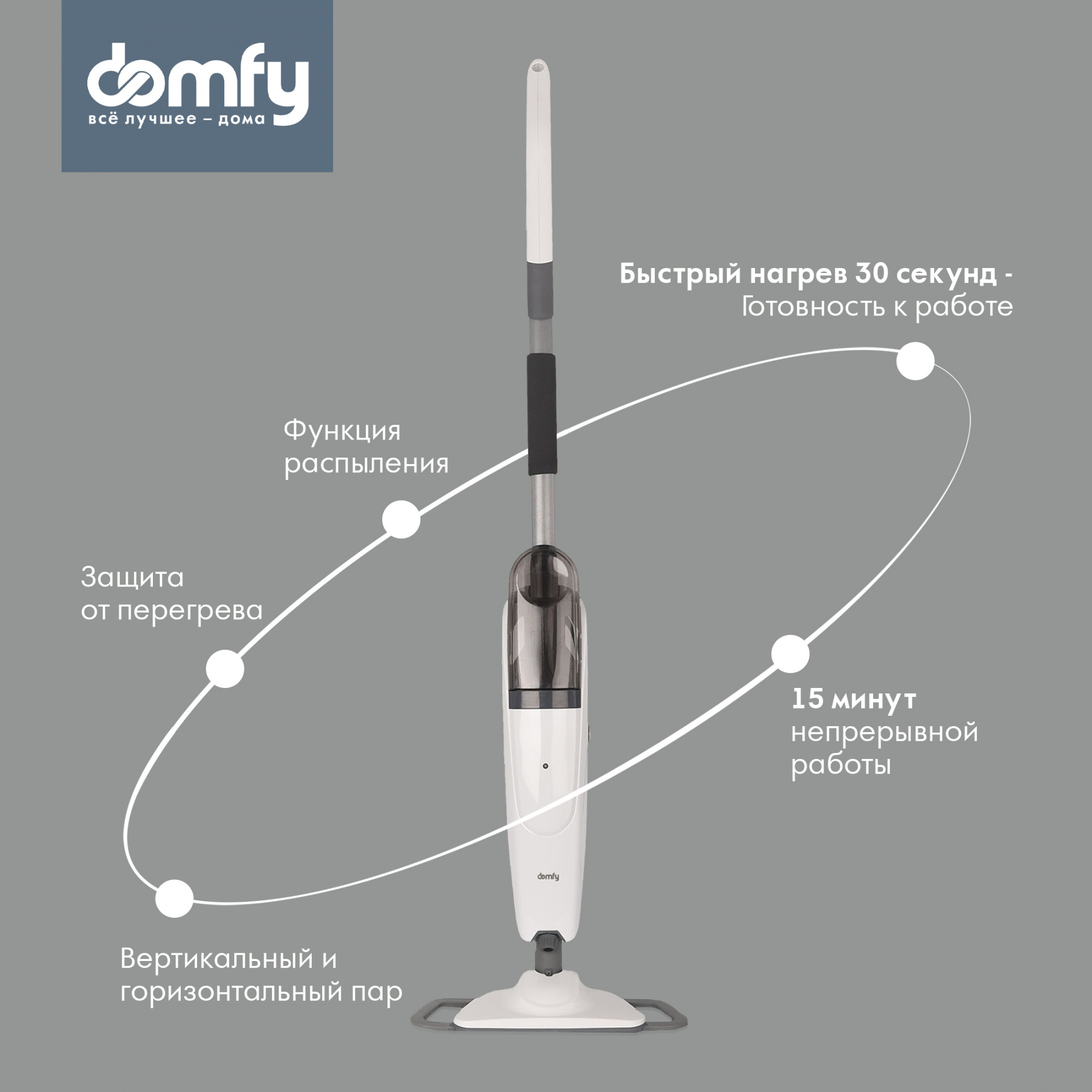 Купить Швабра паровая Domfy DSW-SM302 1500Вт белый/серый в  интернет-магазине Неватека по выгодной цене с доставкой, характеристики,  фотографии - Санкт-Петербург