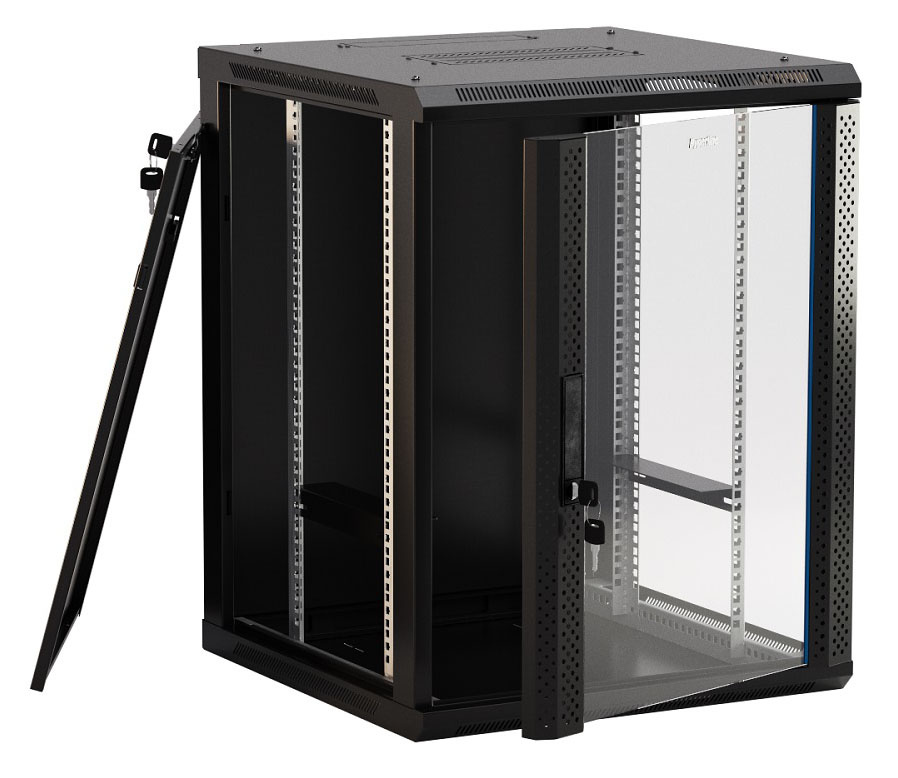 Шкаф коммутационный Hyperline (TWB-2245-GP-RAL9004) настенный 22U 600x450мм пер.дв.стекл 60кг черный
