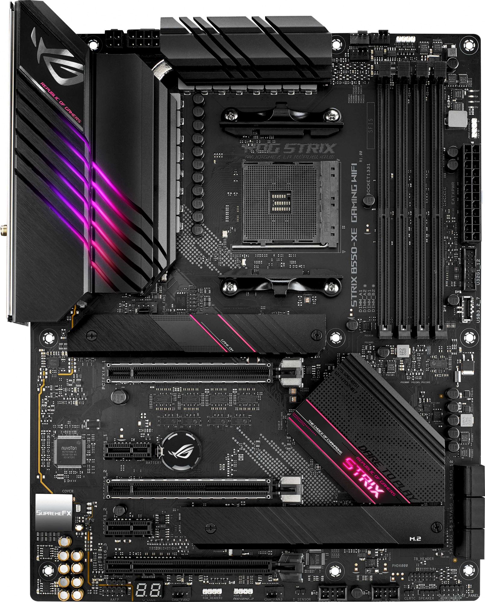 Картинка - Материнская плата Asus ROG STRIX B550-XE GAMING WIFI Soc-AM4 AMD B550 4xDDR4 ATX AC`97 8ch(7.1) 2.5Gg RAID+HDMI+DP