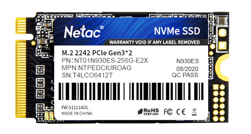 Картинка - Ssd накопитель Netac SSD N930ES PCIe 3 x2 M.2 2242 NVMe 3D NAND 256GB, R/W up to 1650/1260MB/s, 3y wty (NT01N930ES-256G-E2X) NT01N930ES-256G-E2X