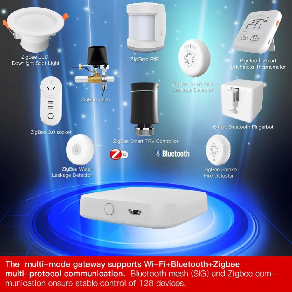 Купить Bluetooth Шлюз MOES Multi-mode Gateway MHUB-W, WLAN & Wi-Fi  2.4GHz, Wi-Fi 2.4GHz & ZigBee & BLE & Mesh, USB, белый в  интернет-магазине Неватека по выгодной цене с доставкой, характеристики,  фотографии -