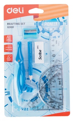 Набор для чертежей Deli EG30001 пластик в компл.:линейка/транспортир/2 угольника/карандаш/ластик/точилка/циркуль
