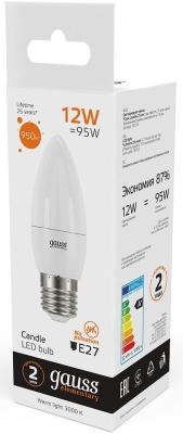 Лампа светодиодная Gauss Elementary 30212 12Вт цок.:E27 свеча 220B 3000K св.свеч.бел.теп. (упак.:10шт)