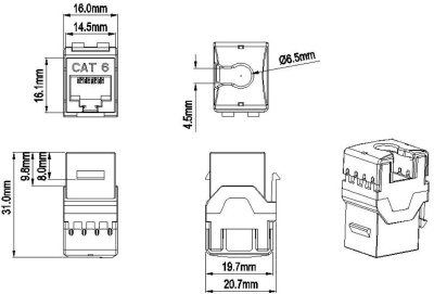 Hyperline KJ9-8P8C-C6-90-BK Вставка Keystone Jack RJ-45(8P8C), категория 6, черная