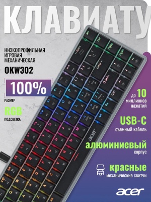 Клавиатура Acer OKW302 механическая серебристый USB Multimedia for gamer для ноутбука LED ( (уценка)