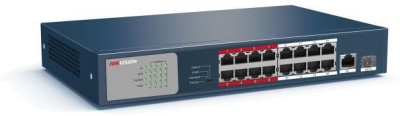 Неуправляемый коммутатор. 16 RJ45 100M PoE  с грозозащитой 6кВ; 1 Uplink порт 1000М Ethernet; 1 Uplink порт 1000М SFP; бюджет PoE 130Вт; Порты 9-16 поддерживают режим передачи до 250м,10Мб/с, CAT5e Hikvision DS-3E0318P-E/M(B)