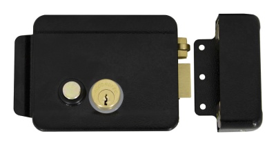 Замок электромеханический, накладной, универсальный (дверь наружу, внутрь), ролик взвода пружины, блокировка ключом в закрытом состоянии, сталь,цвет черный
