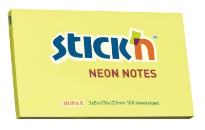 Блок самоклеящийся бумажный Stick`n 21135 76x127мм 100лист. 70г/м2 неон желтый