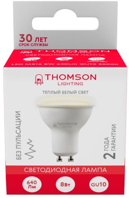 Лампа светодиодная Thomson TH-B2053 8Вт цок.:GU10 полусф. 220B 3000K св.свеч.бел.теп. MR16 (упак.:1шт)