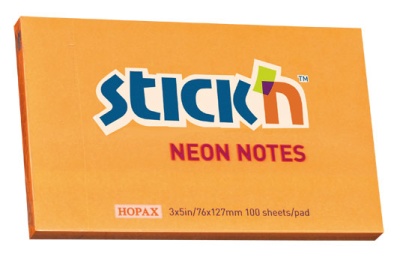 Блок самоклеящийся бумажный Stick`n 21168 76x127мм 100лист. 70г/м2 неон оранжевый