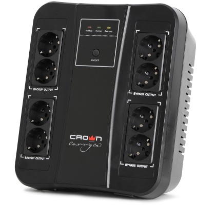 ИБП CROWN 650VA/390W, корпус пластик, 1x12V/7AH, розетки 8*EURO, трансформатор AVR 220/230/240В ± 25%, съёмный кабель питания 1.8 м, порт RJ-11/45, порт USB управление с ПК, LED-индикация, защита: от перегрузки, от КЗ, от перепадов напряжения, ПО UPS CROW