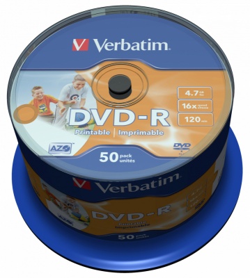 Диск DVD-R Verbatim 4.7Gb 16x Cake Box (50шт) Printable (43533)