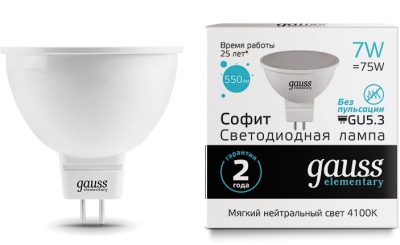 Лампа светодиодная Gauss Elementary MR16 7Вт цок.:GU5.3 спот 220B 4100K св.свеч.бел.ней. MR16 (упак.:10шт) (13527)
