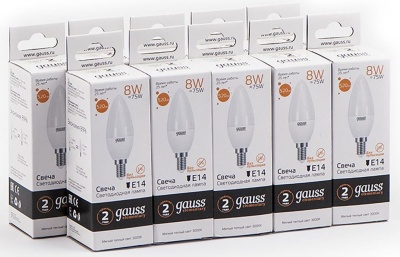 Лампа светодиодная Gauss 8Вт цок.:E14 свеча 220B 3000K св.свеч.бел.теп. C37 (упак.:1шт) (33118)