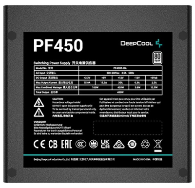 Блок питания Deepcool PF450 80+ (ATX 2.4 450W, PWM 120mm fan, 80 PLUS, Active PFC) RET (PF450)