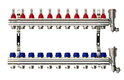Коллекторная группа FHF-11RF set 11 контуров 1'x3/4' с расходомерами, воздухоотводчиками и кронштейнами