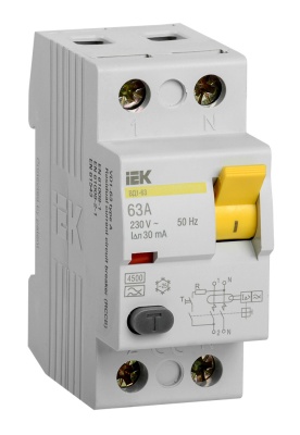 Выключатель дифф.тока УЗО IEK ВД1-63 MDV10-2-063-030 63A 30мА AC 2П 230В 2мод белый (упак.:1шт)