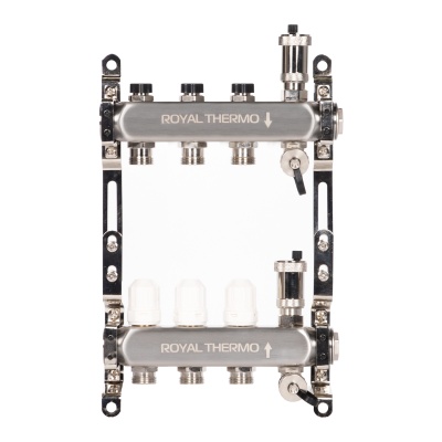 Коллектор Royal Thermo нерж. в сборе универсальный 1" ВР-3/4" НР с автомат. воздухоотвод-ми 3 вых.