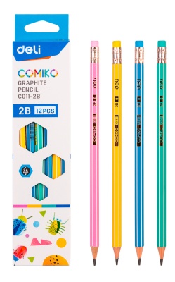 Карандаш чернографит. Deli EC011-2B Comiko 2B шестигран. липа ластик корпус ассорти коробка картонная (12шт)