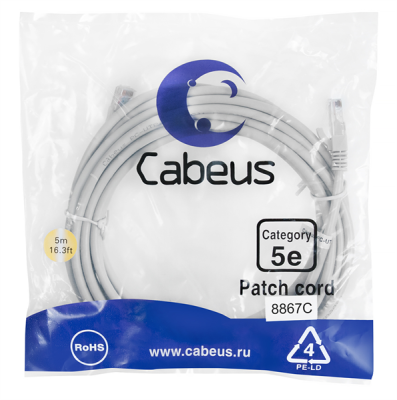 Cabeus PC-UTP-RJ45-Cat.5e-5m-LSZH Патч-корд U/UTP, категория 5е, 2xRJ45/8p8c, неэкранированный, серый, LSZH, 5м (PC-UTP-RJ45-Cat.5e-5m-LSZH)