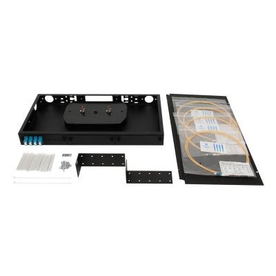 Кросс оптический 19" (ШКОС) укомплектованный на 8 LC портов, черный (комплект с розетками и пигтейлами)