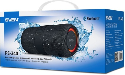 SVEN PS-340, черный (24 Вт, Waterproof (IPx6), TWS, Bluetooth, FM, USB, 3600мА*ч)