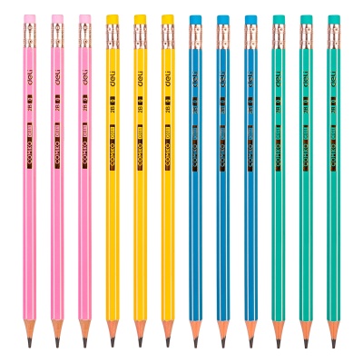 Карандаш чернографит. Deli EC011-2B Comiko 2B шестигран. липа ластик корпус ассорти коробка картонная (12шт)