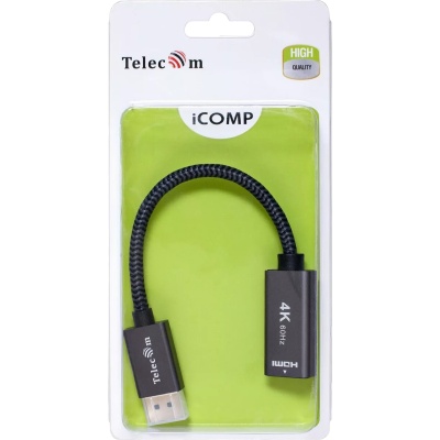 Кабель-переходник DP --> HDMI-F 0.2m , серый металлик, оплетка, 4K@60Hz, Telecom (TA560) VCOM Кабель-переходник Telecom DisplayPort M/HDMI F (TA560)