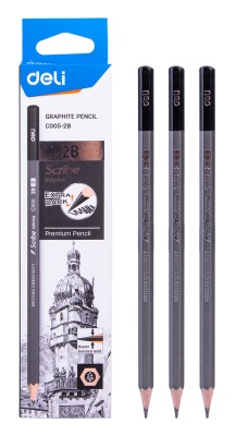 Карандаш чернографит. Deli EC005-2B 2B шестигран. ластик коробка картонная (12шт)