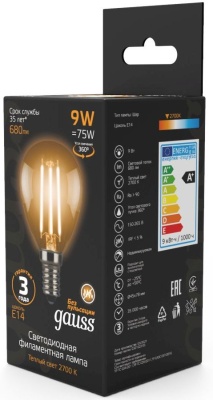 Лампа филам. Gauss Filament 9Вт цок.:E14 шар 220B 2700K св.свеч.бел.теп. (упак.:10шт) (105801109)