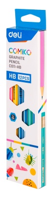 Карандаш чернографит. Deli EC011-HB Comiko HB шестигран. липа ластик коробка картонная (12шт)