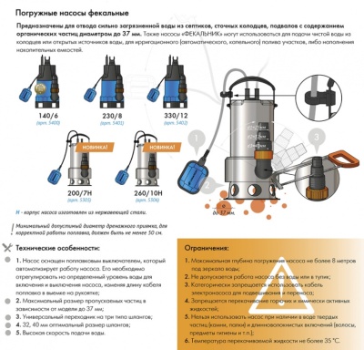 Насос садовый фекальный Джилекс 140/6 250Вт 8400л/час (в компл.:Переходник "Елочка" на три размера шланга 25/32/40мм)