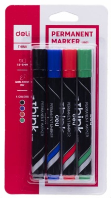 Набор маркеров перманентных Deli EU10101 Think скошенный пиш. наконечник 1.5-5мм 4цв. пакет с европодвесом (4шт.)