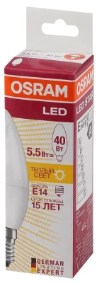 Лампа светодиодная LED 5.7Вт E14 LS CLB40 теплый, матовая свеча Osram