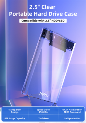 Внешний корпус для HDD/SSD Netac NT07WH11-30CC 2.5 SATA --> USB3.0 , скользящая прозрачная крышка, USB3.0 C --> C кабель