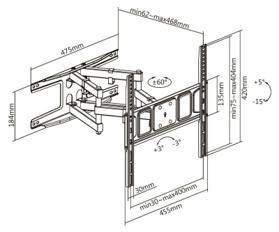 Кронштейн для телевизора Ultramounts UM 908 черный 32"-75" макс.40кг настенный поворотно-выдвижной и наклонный