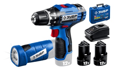 ЗУБР 12В + LED фонарь, 2 АКБ (2Ач), в кейсе, дрель-шуруповерт, Профессионал.  DL-121-22F