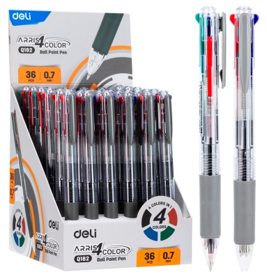 Ручка шариков. автоматическая Deli Arris EQ182 прозрачный/серый d=0.7мм ассор. черн. 4стерж. резин. манжета 4цв.