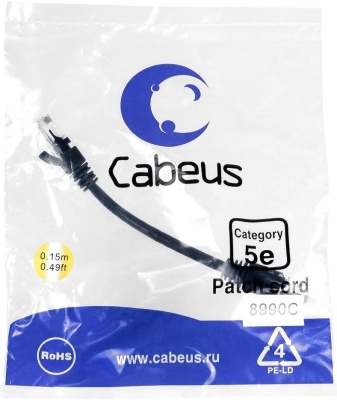 Кабель патч-корд U/UTP 5e кат. 0.15м. Cabeus PC-UTP-RJ45-Cat.5e-0.15m-BK неэкранированный, черный