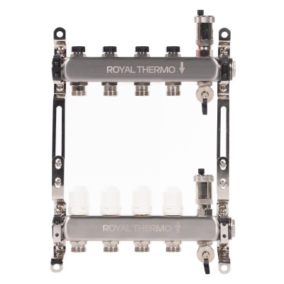 Коллектор Royal Thermo нерж. в сборе универсальный 1" ВР-3/4" НР с автомат. воздухоотвод-ми 4 вых.